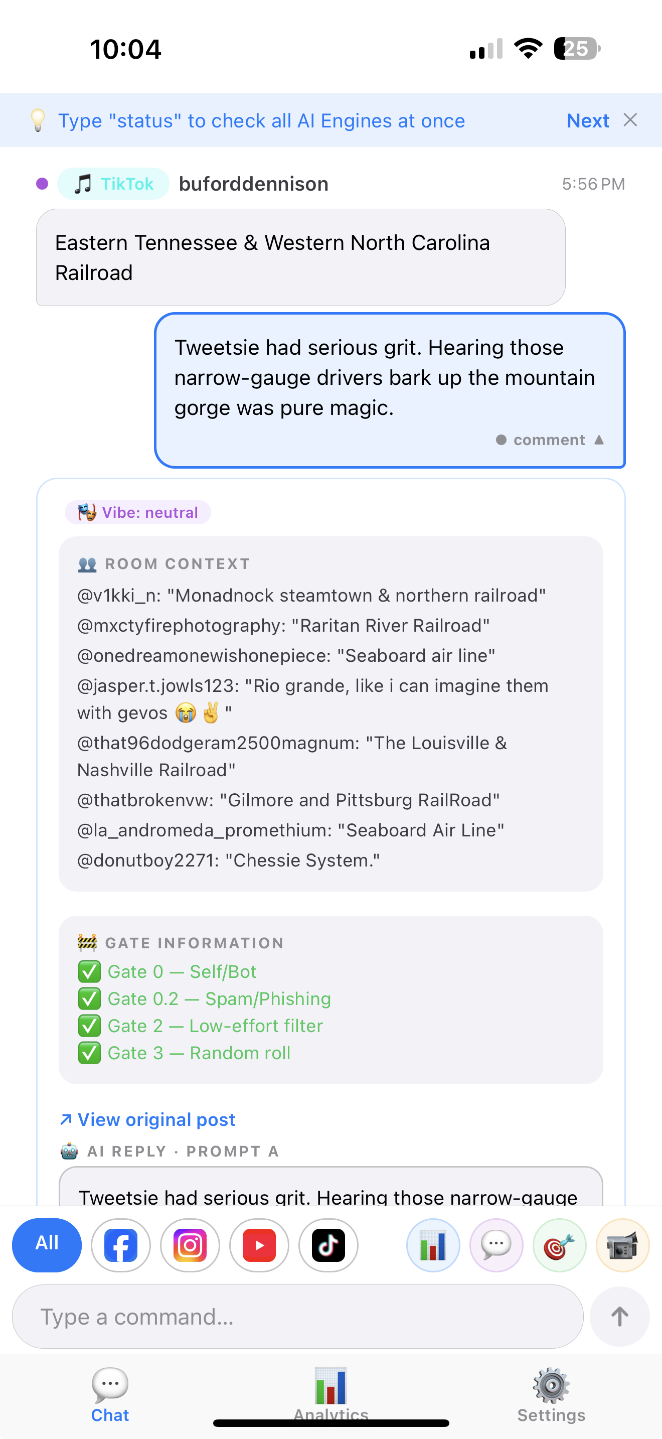 SocialConductor mobile app showing gate checks and AI reasoning for a real comment reply